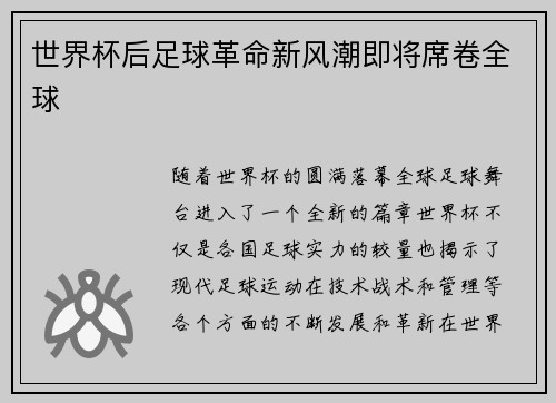 世界杯后足球革命新风潮即将席卷全球