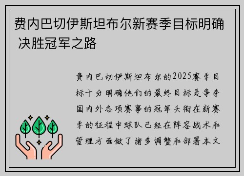 费内巴切伊斯坦布尔新赛季目标明确 决胜冠军之路 费内巴切伊斯坦布尔新赛季目标明确 决胜冠军之路